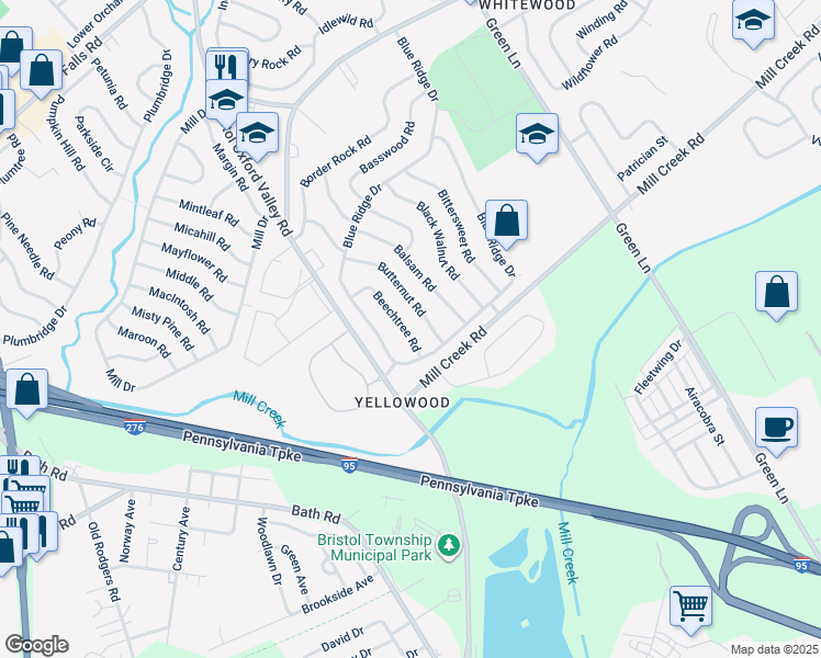 map of restaurants, bars, coffee shops, grocery stores, and more near 28 Beechtree Road in Levittown