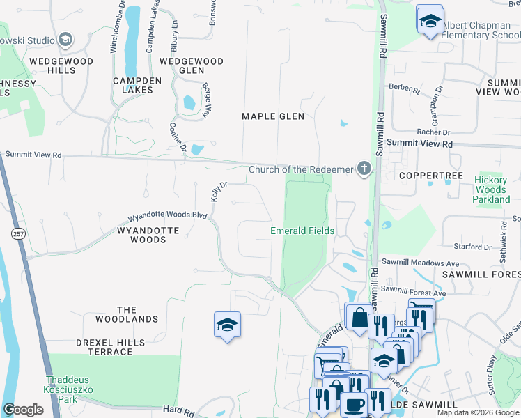 map of restaurants, bars, coffee shops, grocery stores, and more near 7635 Kelly Drive in Dublin