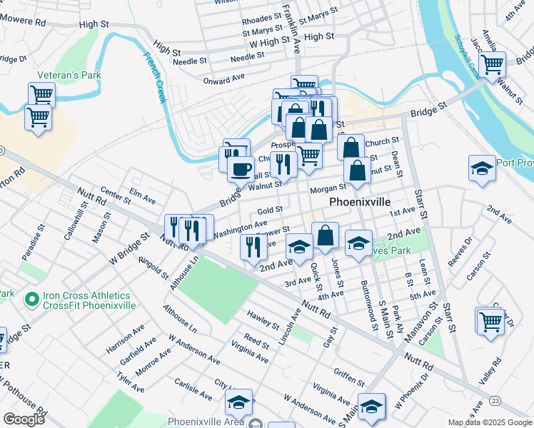map of restaurants, bars, coffee shops, grocery stores, and more near 422 Gold Street in Phoenixville