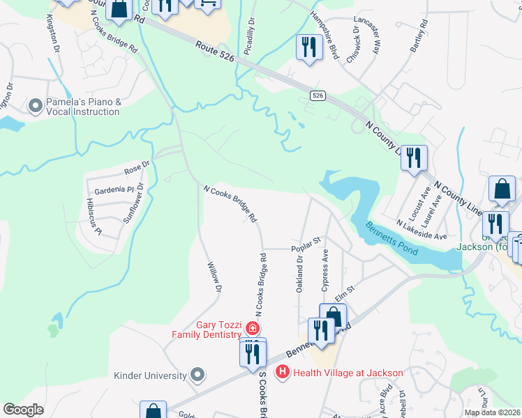 map of restaurants, bars, coffee shops, grocery stores, and more near 114 North Cooks Bridge Road in Jackson Township