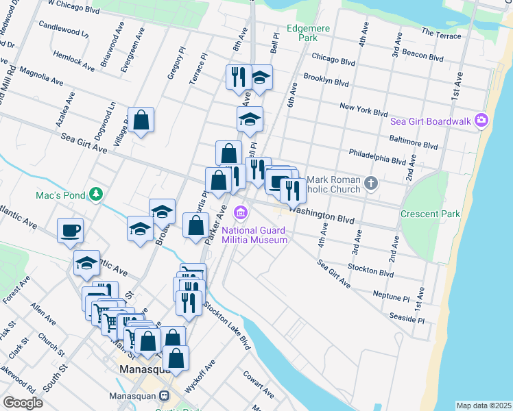 map of restaurants, bars, coffee shops, grocery stores, and more near 546 Washington Boulevard in Sea Girt
