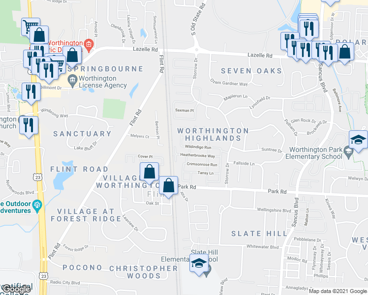 map of restaurants, bars, coffee shops, grocery stores, and more near 509 Wildindigo Run in Westerville