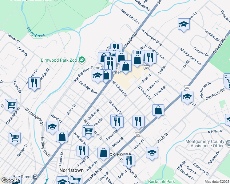 map of restaurants, bars, coffee shops, grocery stores, and more near 1613 Juniper Street in Norristown