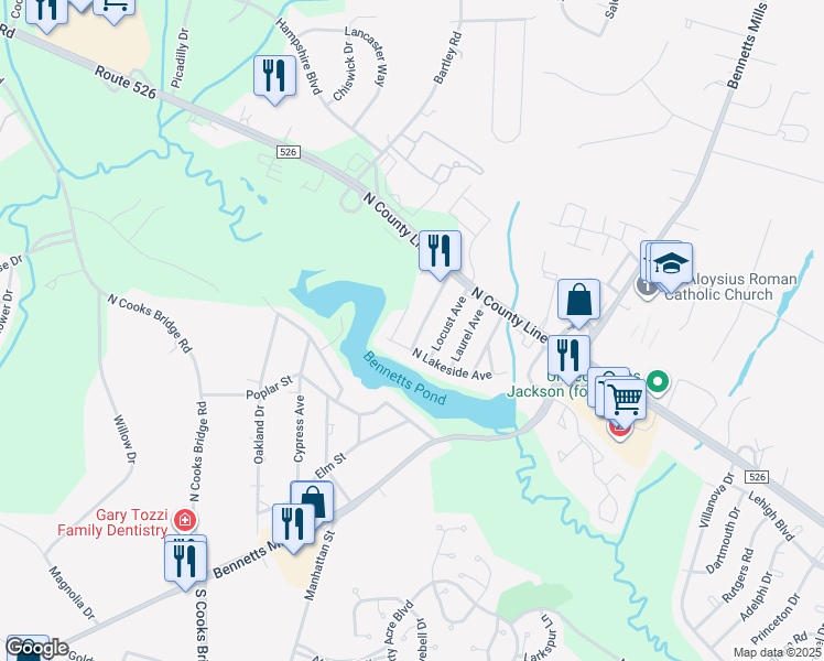 map of restaurants, bars, coffee shops, grocery stores, and more near 38 Forest Hill Avenue in Jackson Township