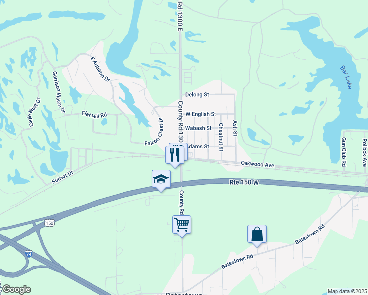map of restaurants, bars, coffee shops, grocery stores, and more near 29 County Road 1300 East in Danville