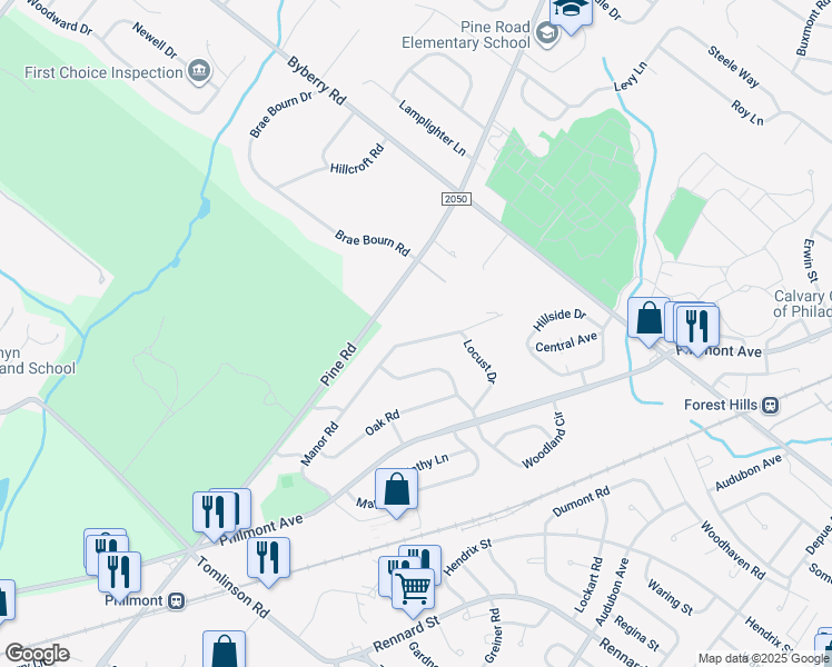map of restaurants, bars, coffee shops, grocery stores, and more near 3340 Manor Road in Montgomery County