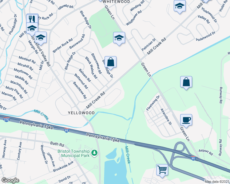 map of restaurants, bars, coffee shops, grocery stores, and more near 36 Young Birch Road in Levittown