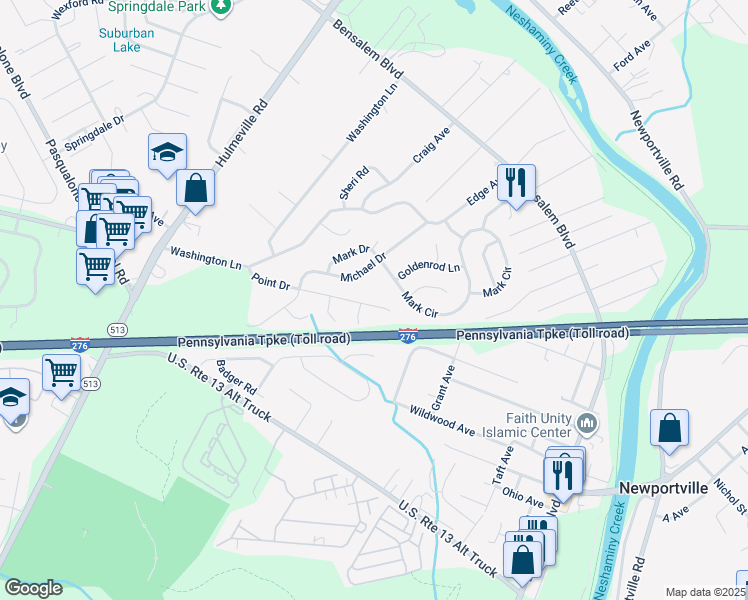 map of restaurants, bars, coffee shops, grocery stores, and more near 1538 Point Drive in Bucks County