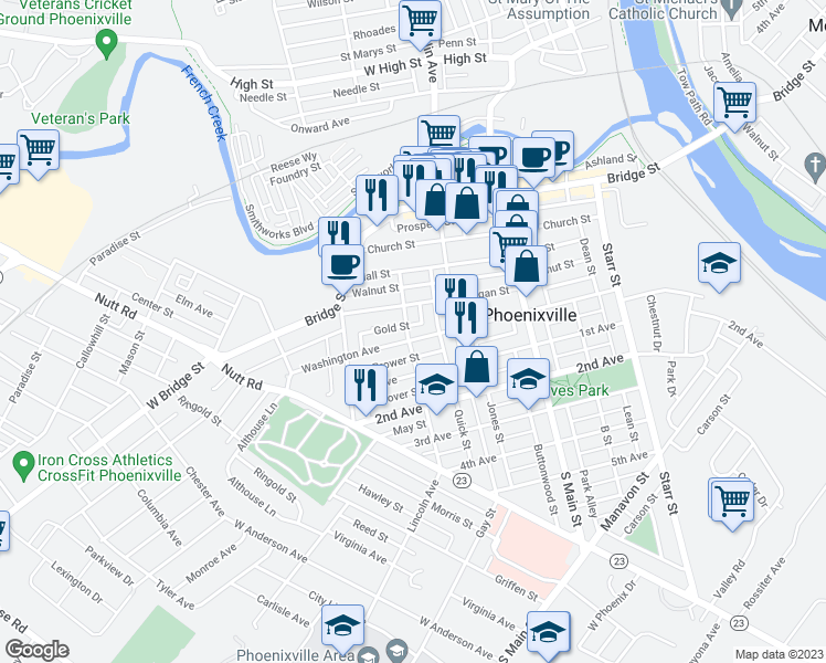 map of restaurants, bars, coffee shops, grocery stores, and more near 341 Washington Avenue in Phoenixville