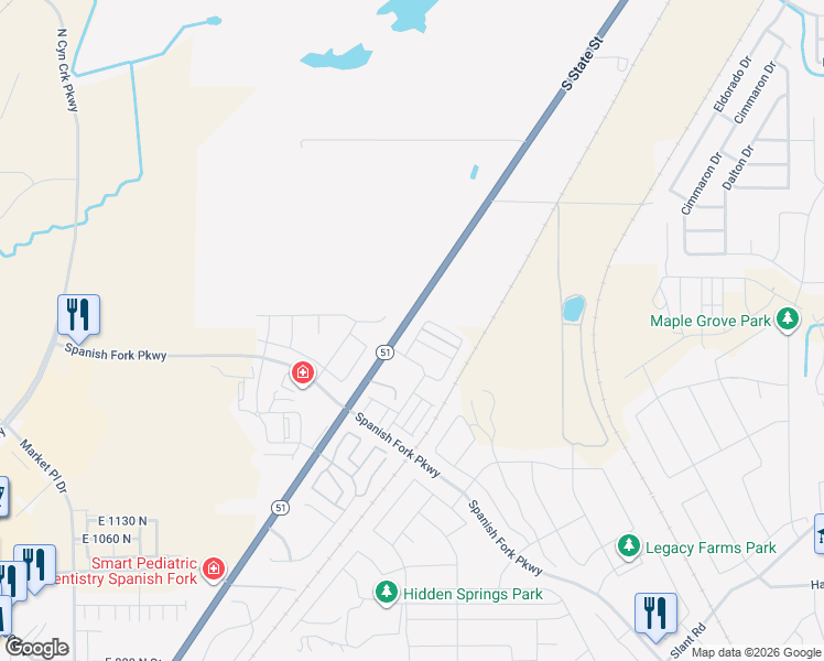 map of restaurants, bars, coffee shops, grocery stores, and more near 2955 South State Street in Springville