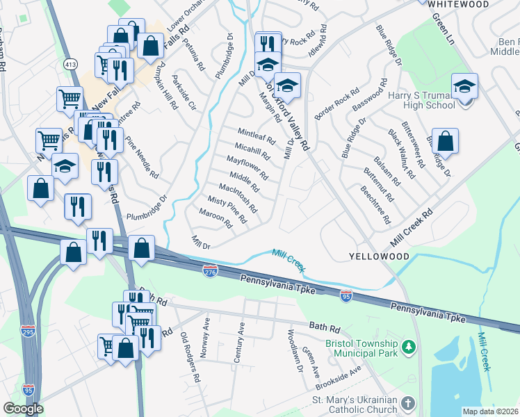 map of restaurants, bars, coffee shops, grocery stores, and more near 6 Macintosh Road in Levittown