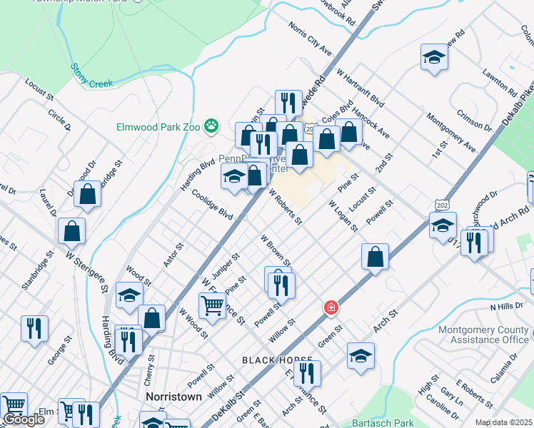 map of restaurants, bars, coffee shops, grocery stores, and more near 1609 Juniper Street in Norristown