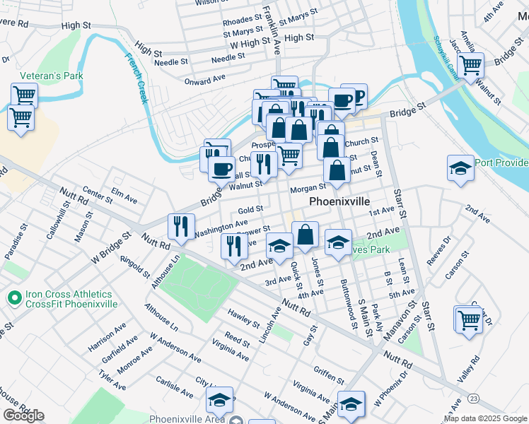 map of restaurants, bars, coffee shops, grocery stores, and more near 341 Washington Avenue in Phoenixville