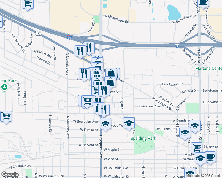 map of restaurants, bars, coffee shops, grocery stores, and more near 811 Pioneer Street in Champaign