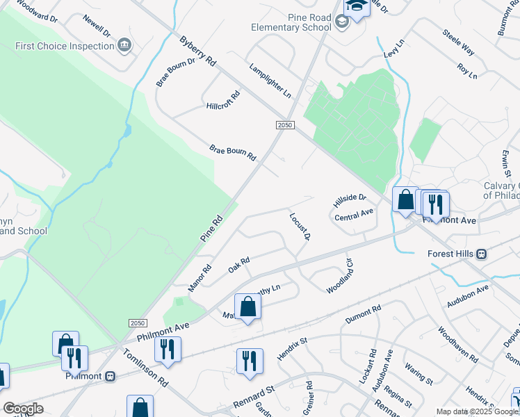 map of restaurants, bars, coffee shops, grocery stores, and more near 3340 Manor Road in Montgomery County