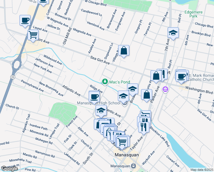 map of restaurants, bars, coffee shops, grocery stores, and more near 85 North Main Street in Manasquan