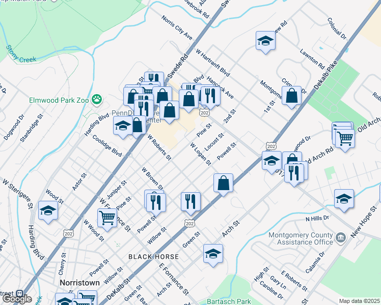 map of restaurants, bars, coffee shops, grocery stores, and more near 1740 Locust Street in Norristown