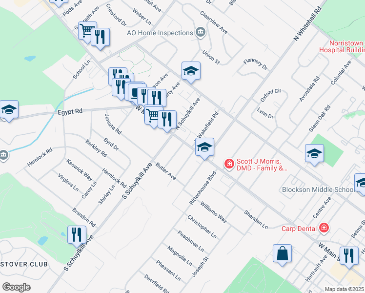 map of restaurants, bars, coffee shops, grocery stores, and more near 1830 West Main Street in Eagleville