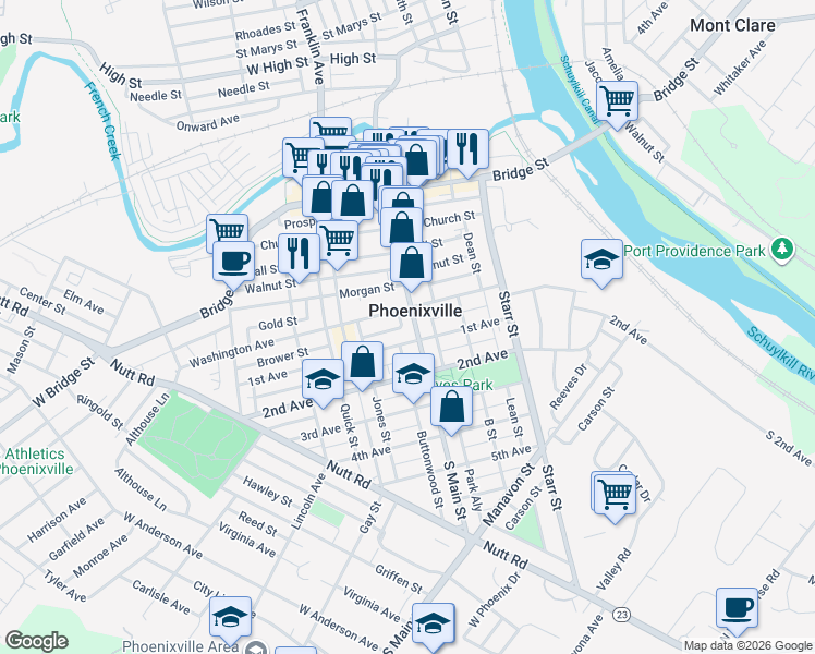map of restaurants, bars, coffee shops, grocery stores, and more near in Phoenixville