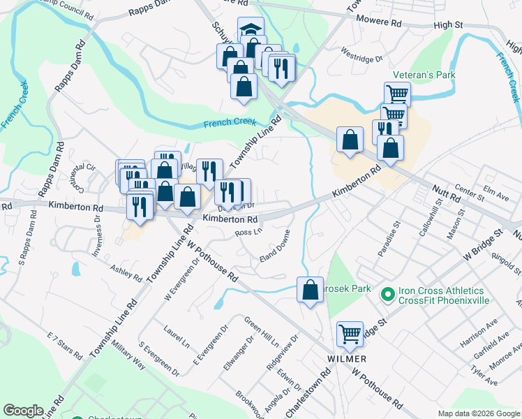 map of restaurants, bars, coffee shops, grocery stores, and more near 1402 Eland Downe in Phoenixville