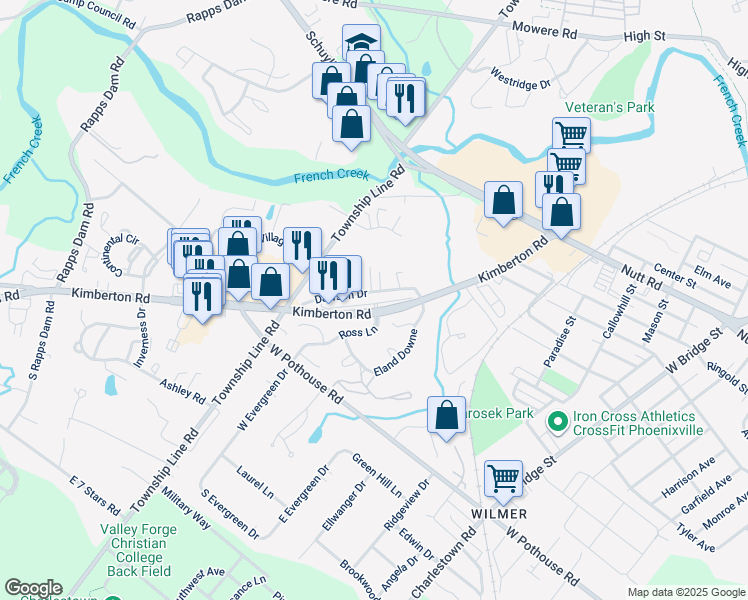 map of restaurants, bars, coffee shops, grocery stores, and more near 1402 Eland Downe in Phoenixville