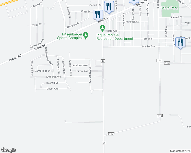 map of restaurants, bars, coffee shops, grocery stores, and more near 1409 Jed Way in Piqua