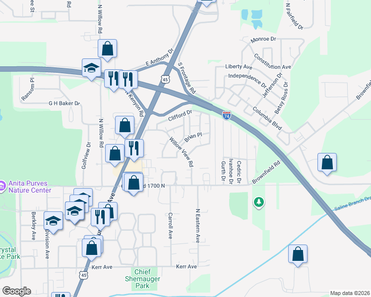 map of restaurants, bars, coffee shops, grocery stores, and more near 1211 Brad Drive in Urbana
