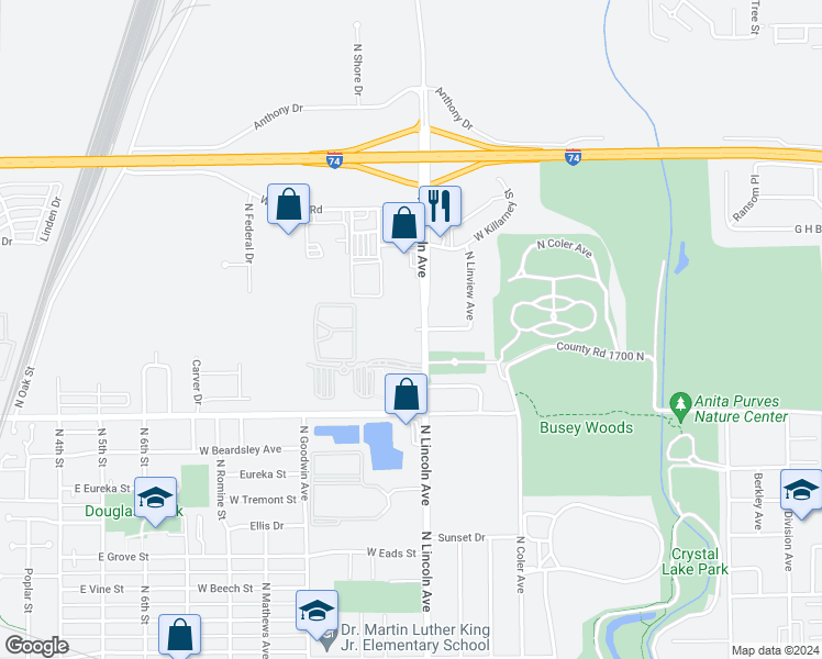 map of restaurants, bars, coffee shops, grocery stores, and more near 1802 North Lincoln Avenue in Urbana