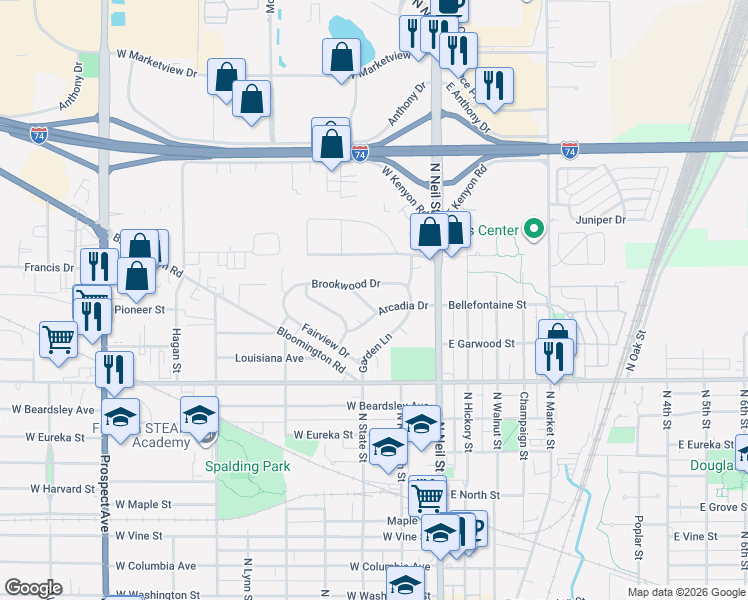 map of restaurants, bars, coffee shops, grocery stores, and more near 212 Arcadia Drive in Champaign