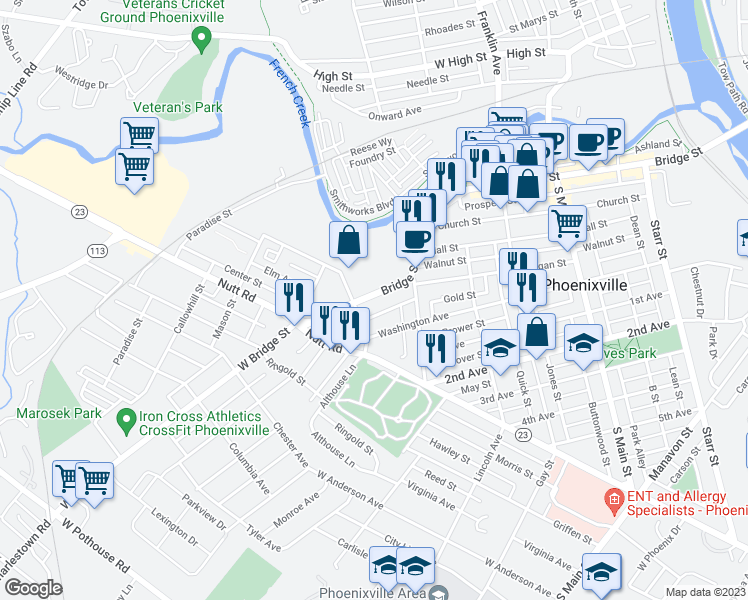 map of restaurants, bars, coffee shops, grocery stores, and more near 548 Bridge Street in Phoenixville