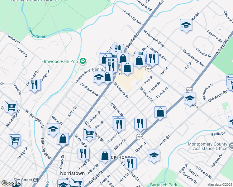 map of restaurants, bars, coffee shops, grocery stores, and more near 1613 Juniper Street in Norristown