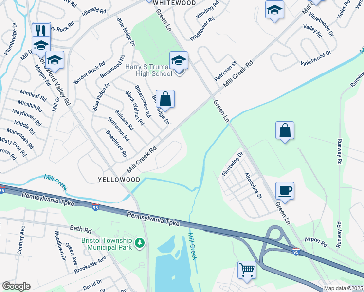 map of restaurants, bars, coffee shops, grocery stores, and more near 66 Yellowood Dr in Levittown