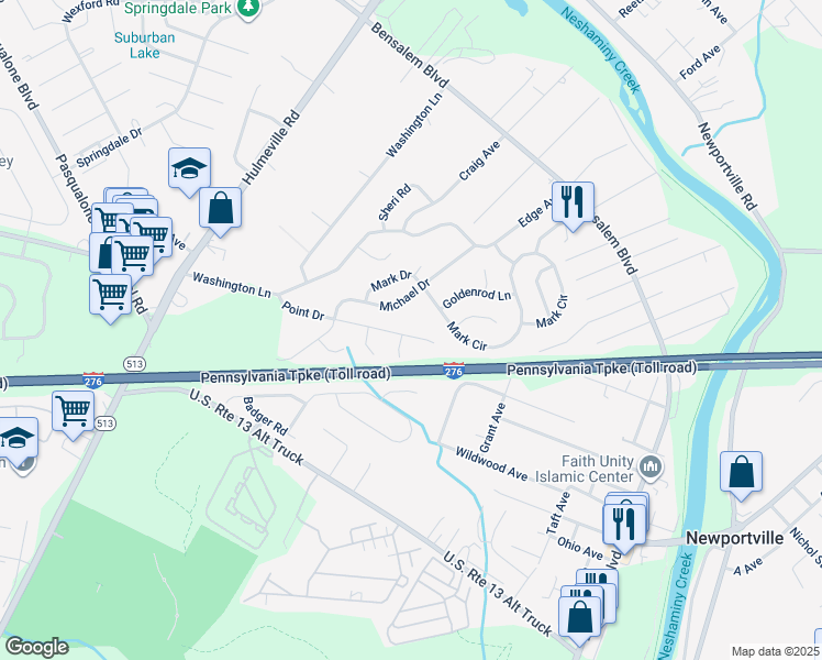 map of restaurants, bars, coffee shops, grocery stores, and more near 1546 Point Drive in Bucks County