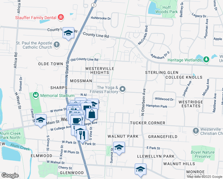 map of restaurants, bars, coffee shops, grocery stores, and more near 175 East Broadway Avenue in Westerville
