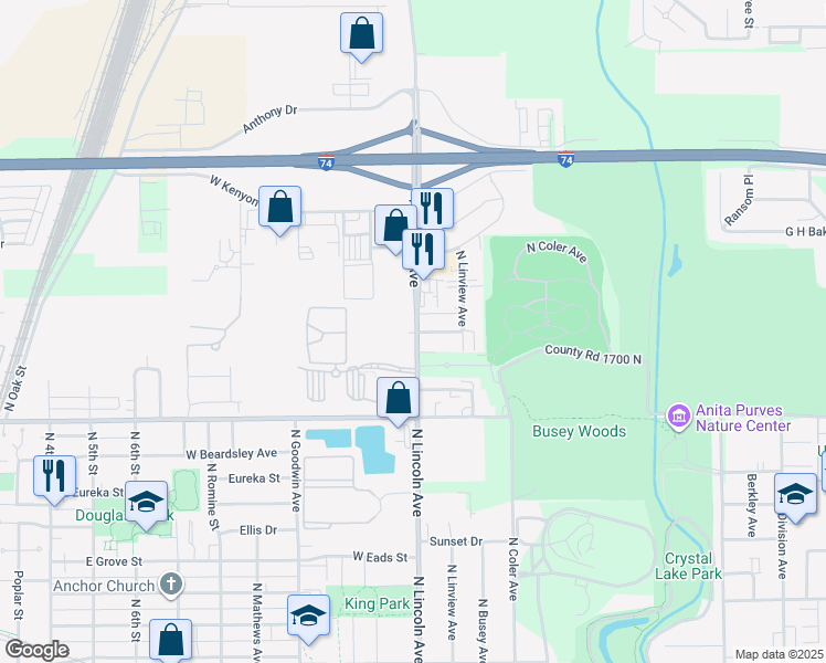 map of restaurants, bars, coffee shops, grocery stores, and more near 1903 North Lincoln Avenue in Urbana