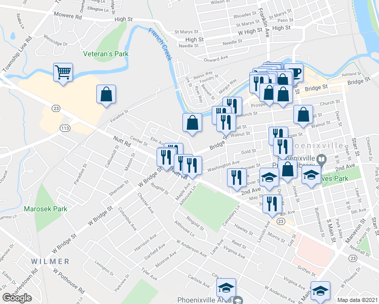 map of restaurants, bars, coffee shops, grocery stores, and more near 607 Bridge Street in Phoenixville