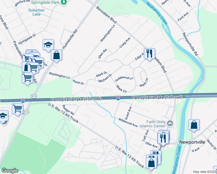 map of restaurants, bars, coffee shops, grocery stores, and more near 1538 Point Drive in Bucks County
