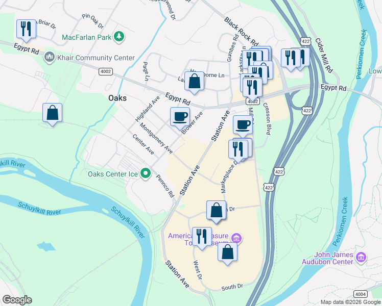 map of restaurants, bars, coffee shops, grocery stores, and more near 105 Montgomery Avenue in Phoenixville