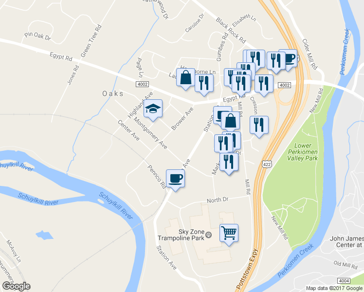 map of restaurants, bars, coffee shops, grocery stores, and more near 105 Montgomery Avenue in Phoenixville