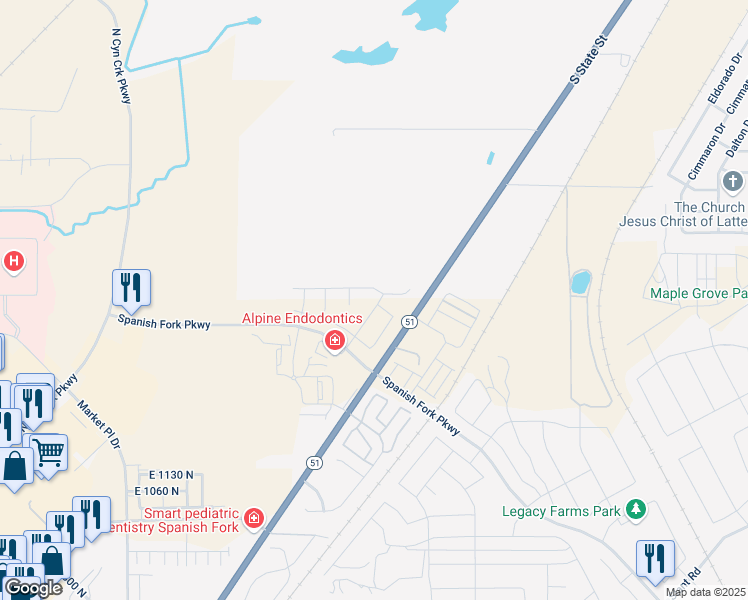 map of restaurants, bars, coffee shops, grocery stores, and more near 1573 North Woodside Drive in Spanish Fork