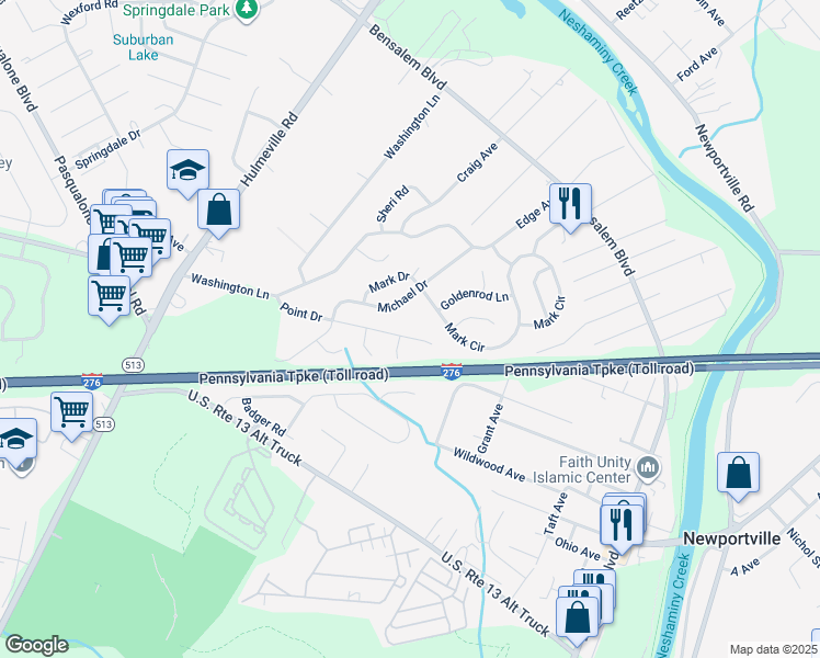 map of restaurants, bars, coffee shops, grocery stores, and more near 1546 Point Drive in Bucks County