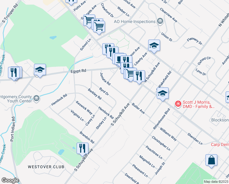 map of restaurants, bars, coffee shops, grocery stores, and more near 1952 Juniata Road in Norristown