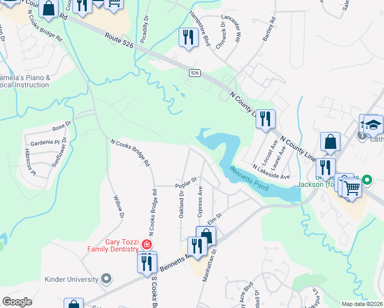map of restaurants, bars, coffee shops, grocery stores, and more near 40 Oakland Drive in Jackson Township
