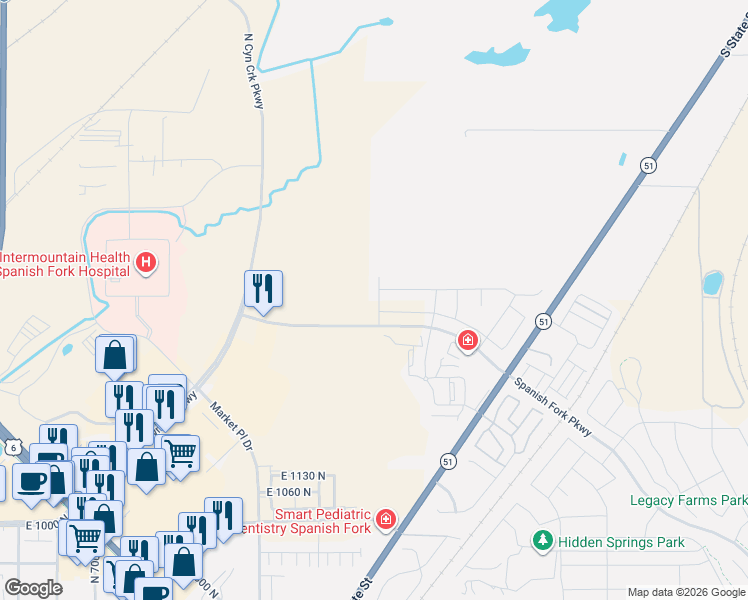 map of restaurants, bars, coffee shops, grocery stores, and more near Spanish Fork Parkway in Spanish Fork