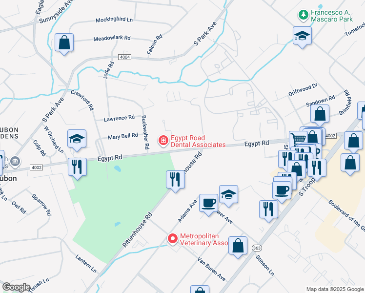 map of restaurants, bars, coffee shops, grocery stores, and more near 2671 Egypt Road in Eagleville