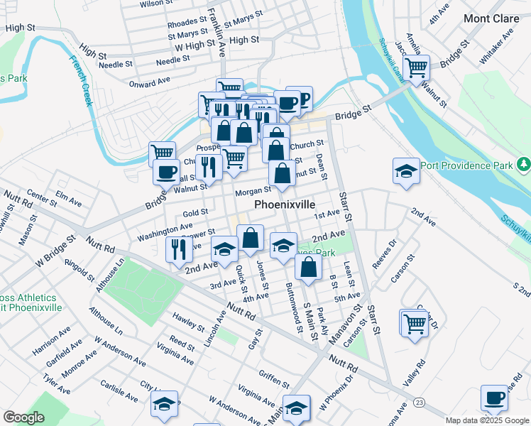 map of restaurants, bars, coffee shops, grocery stores, and more near 212 Washington Avenue in Phoenixville