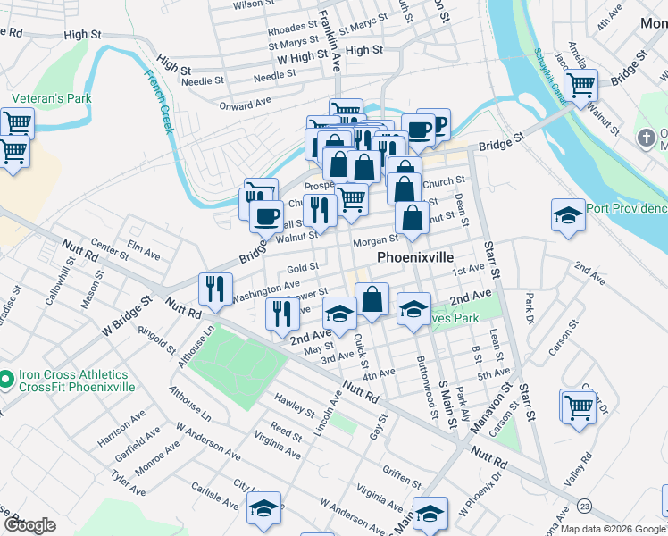 map of restaurants, bars, coffee shops, grocery stores, and more near 328 Washington Avenue in Phoenixville