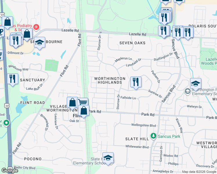 map of restaurants, bars, coffee shops, grocery stores, and more near 599 Wildindigo Run in Westerville