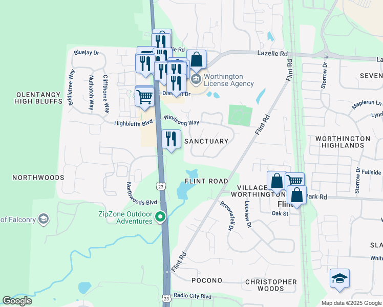 map of restaurants, bars, coffee shops, grocery stores, and more near 101 Lake Bluff Drive in Columbus