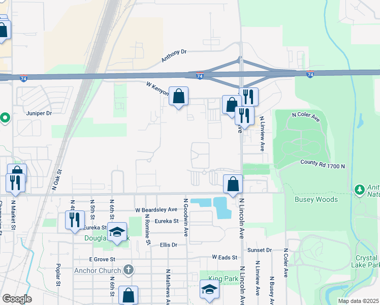 map of restaurants, bars, coffee shops, grocery stores, and more near Melrose Boulevard in Urbana